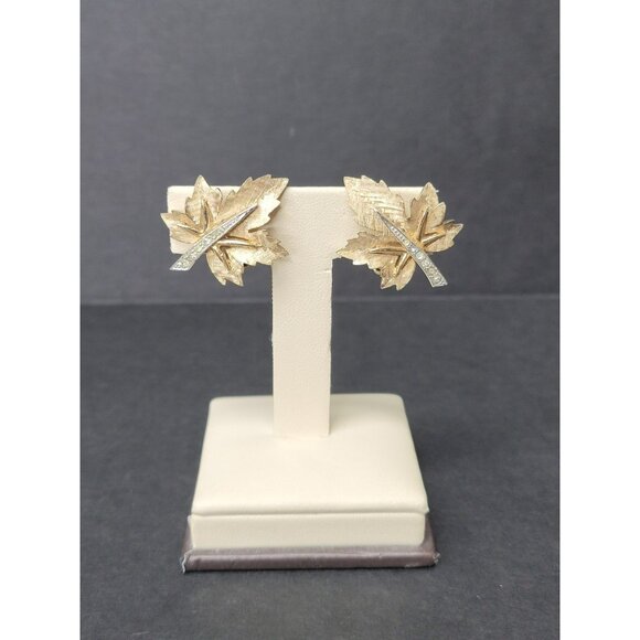 Boucher Jewelry - Vintage Boucher Signed Gold Tone Leaf Earrings with Rhinestones Clip On 38